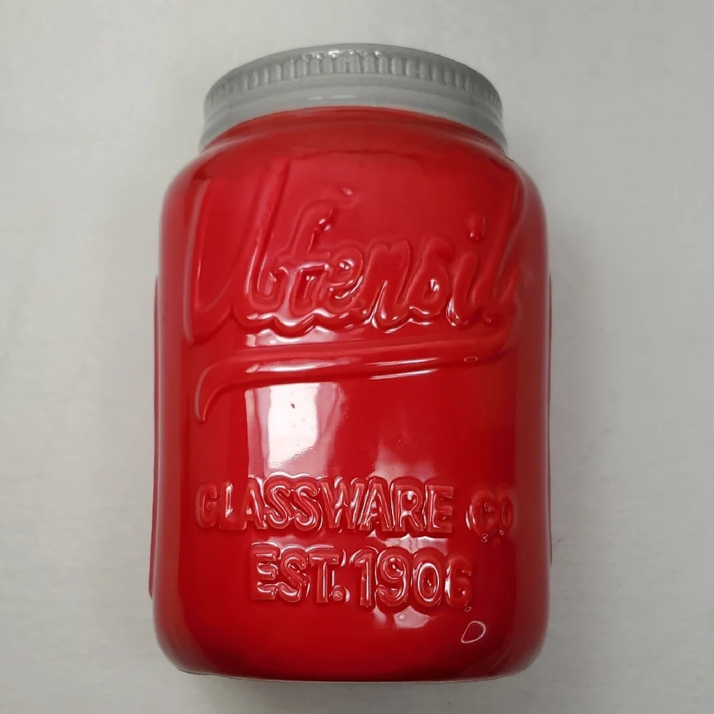 Red Ceramic Mason Jar Utensil Holder for Kitchen Counter Organizer
